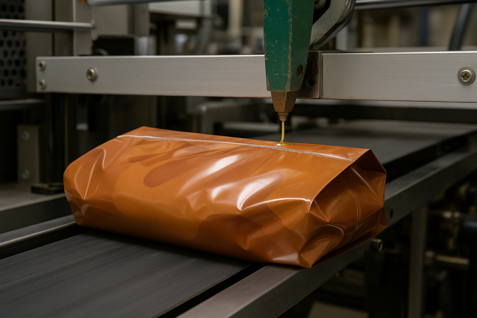 Linha de produção com embalagens flexíveis sendo seladas com adesivos industriais